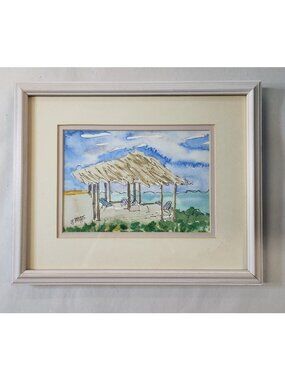Watercolor Beach Tiki Hut Scene Painting Framed Ocean Hut by C Briggs Sea Tropic